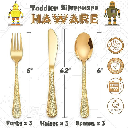 HaWare 9-Piece Toddler Kids Silverware Set, Stainless Steel Hammered Flatware, Preschooler Eating Utensils Includes 3 Spoons 3 Forks 3 Knives, Metal Children Cutlery for Home School, Mirror Finished