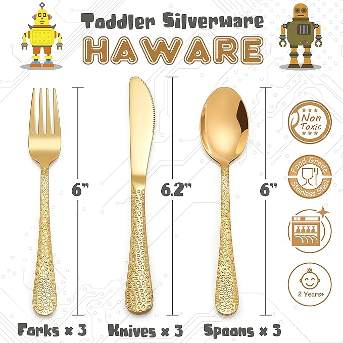 HaWare 9-Piece Toddler Kids Silverware Set, Stainless Steel Hammered Flatware, Preschooler Eating Utensils Includes 3 Spoons 3 Forks 3 Knives, Metal Children Cutlery for Home School, Mirror Finished