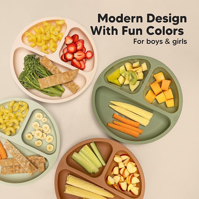 KeaBabies Suction Plates for Baby, Toddler - 3-Pack 100% Silicone Toddler Plates, Divided Baby Plates with Suction, Silicone Plates for Baby, Kids, BPA-Free, Microwave, Dishwasher Safe (Valiant)