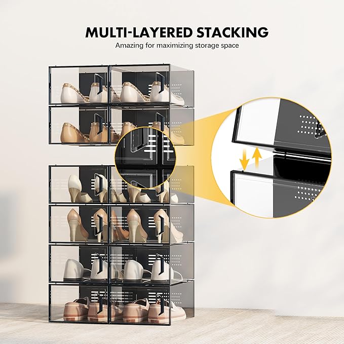 SEE SPRING XX-Large Shoe Storage Box Fit Size 14, Clear Plastic Stackable Shoe Organizer for Closet, Space Saving Sneaker Shoe Rack Containers Bins Holders for Entryway, Under Bed, 12 Pack Black