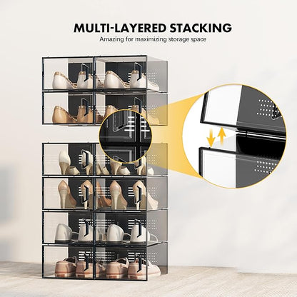 SEE SPRING XX-Large Shoe Storage Box Fit Size 14, Clear Plastic Stackable Shoe Organizer for Closet, Space Saving Sneaker Shoe Rack Containers Bins Holders for Entryway, Under Bed, 12 Pack Black
