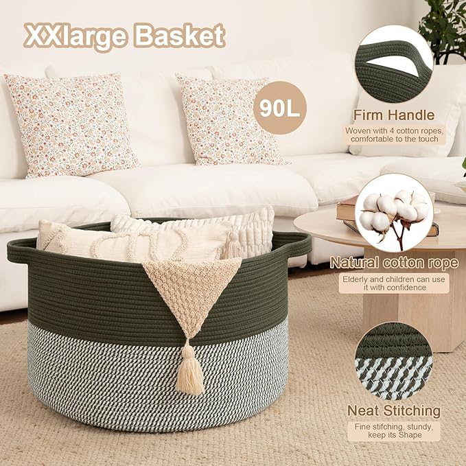 OIAHOMY 90L XXXLarge Blanket Basket for Living Room, 21.7" x 13.8" Woven Cotton Rope Laundry Basket for Organizing Pillows, Decorative Stuffed Animal Toy Storage Bin for Nursery, Green and Grey