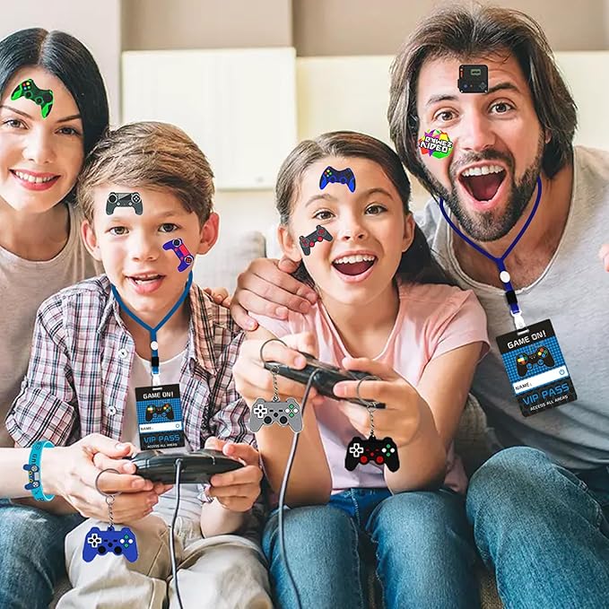 122Pcs Video Game Party Favors, Gamer Party Favors for Boys Includes 13 x 11 Inch Video Game Party Drawstring Bags Bracelets VIP Passes with Lanyards Keychains Tattoo Stickers for Gaming Party Favors
