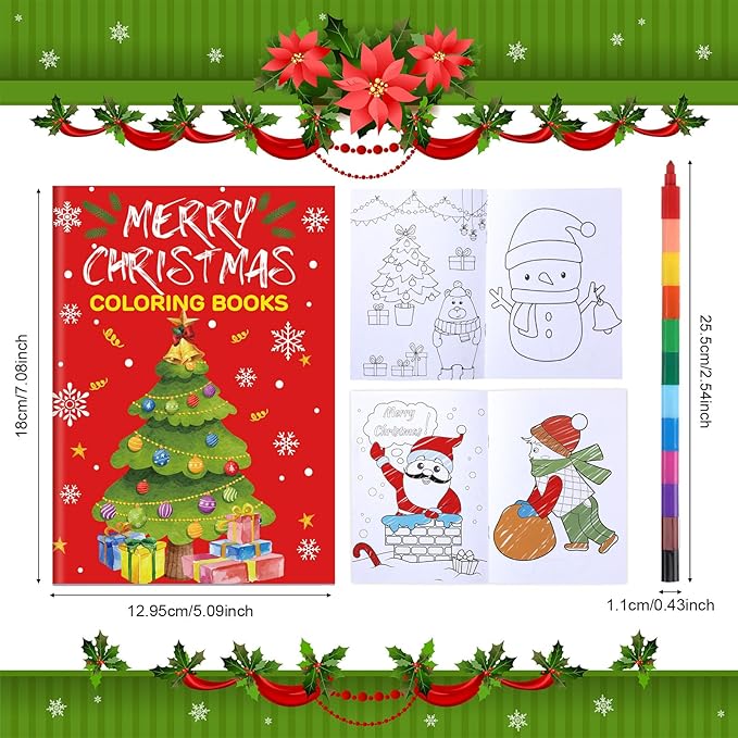 Funrous 24 Pcs Christmas Coloring Book for Kids Bulk with 24 Crayons, Christmas Activity Books with Marker Xmas Stocking Goodie Bag Stuffers for Holiday Students Classroom Gifts Party Favors (Lovely)