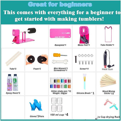 LFSUM Cup Turner Kit for Crafts Tumbler, Tumbler Cup Spinner, Glitter Powder, Epoxy Resin Kit for Beginners with Epoxy and Heat Gun (1X-Rose Red)