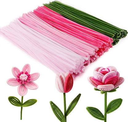 Caydo 200 Pieces Pink Pipe Cleaners for Flowers, Fluffy Craft Chenille Stems for Mother's Day Gift and Creative Arts Crafts Projects
