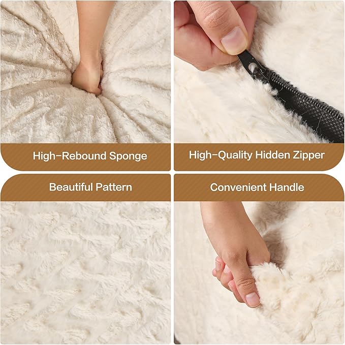 5ft Bean Bag Chairs for Adults Large Beanbag Chair with Chevron Plush Fur Cover Big Bean Bag Chair for Living Room Bedroom Dorm Office - White (50” x 50” x 24”)