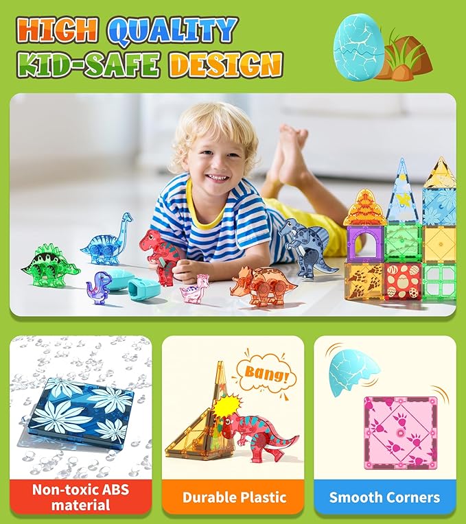 105 Pcs Dinosaur Egg Magnetic Tiles Set - 2 Eggs, 2 Baby Dinos & 5 Large Dinosaurs Toys for Kids 3-5, Magnet Building Blocks for Toddlers 1-3 & Kids Ages 4-8