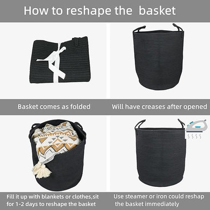 XUANGUO Black Cotton Rope Laundry Basket Hamper for Clothes Woven Storage Basket for Living Room Bedroom Boho Tall Rope Baskets for Blanket Toys Pillow Towels Baby Nursery Hamper Bin Large