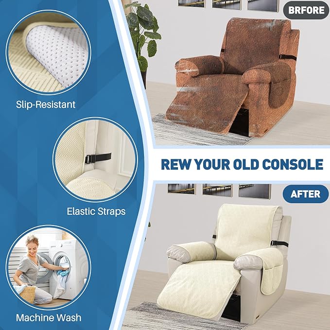 Easehomey Waterproof Large Recliner Chair Cover, Non-Slip Recliner Cover with Two Pockets Elastic Band Slip Covers for Recliners with Arms Washable Reclining Chair Cover for Kids,Pets (Beige, 28")