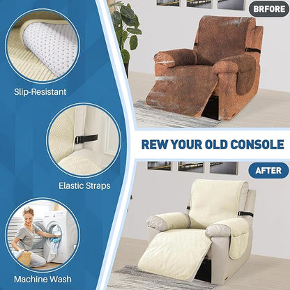 Easehomey Waterproof Large Recliner Chair Cover, Non-Slip Recliner Cover with Two Pockets Elastic Band Slip Covers for Recliners with Arms Washable Reclining Chair Cover for Kids,Pets (Beige, 28")