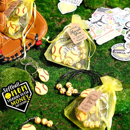130 Pcs Softball Party Favors Including Softball Keychains Adjustable Softball Bracelets PVC Softball Stickers Thank You Kraft Tags Organza Bags for Birthday Party Wedding School Reward