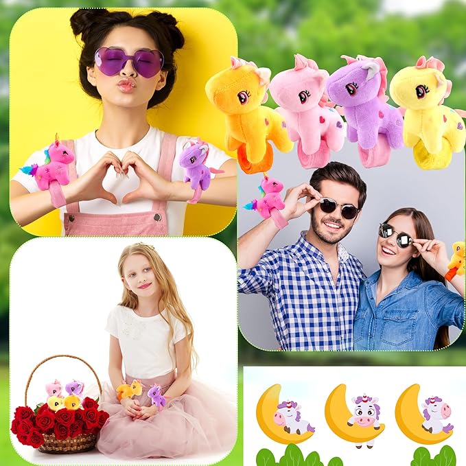 12 Pack Plush Animal Slap Bracelet Unicorn Plush Slap Bracelet Unicorn Stuffed Huggers Pat Ring Bulk for Animal Party Favor Christmas Birthday Gift Fillers, 12 Styles