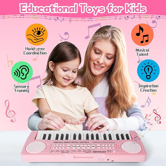 37 Key Pink Piano for Kids Music Toy for 3+ Year Old Girls Keyboard Pianos Beginners Kid Keyboards with Microphone Toys for 3 4 5 6 7 8 Year Old Girl Boys Gifts Age 3-8