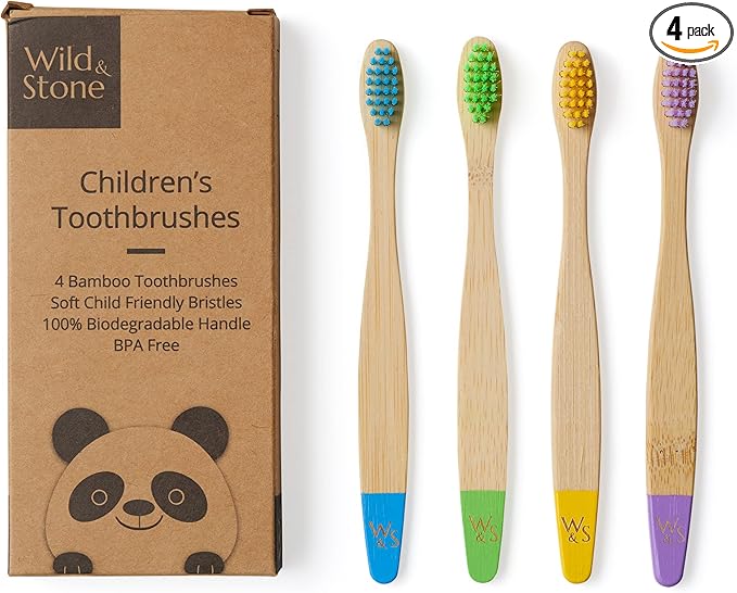 Wild & Stone | Organic Children's Bamboo Toothbrush | 4 Pack | Soft Fibre Bristles | 100% Biodegradable Handle | BPA Free | Vegan Eco Friendly Kids Toothbrushes (Multicolor)