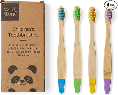 Wild & Stone | Organic Children's Bamboo Toothbrush | 4 Pack | Soft Fibre Bristles | 100% Biodegradable Handle | BPA Free | Vegan Eco Friendly Kids Toothbrushes (Multicolor)