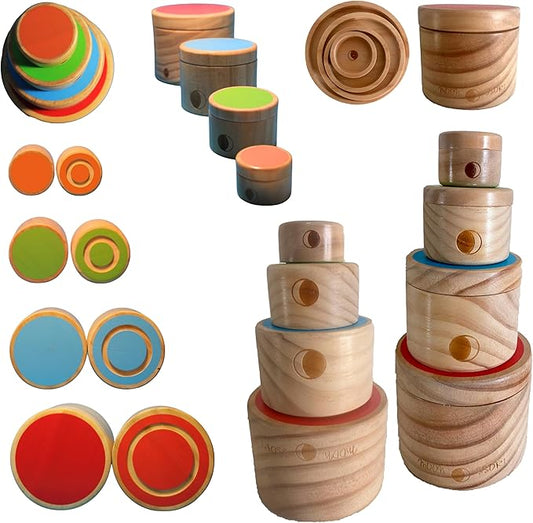 Montessori Wooden Stacking Boxes with Lids – Educational Toy for Toddlers – Fine Motor Skills & Sensory Development – Natural Wood Design – Cylindrical Stacking Set