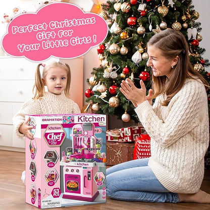 Kids Kitchen Playset, 27.1 Inches Play Kitchen with Sound and Light, Kitchen Set for Toddlers 1-3 3-5, Cooking Stove, Play Sink and Kitchen Accessories, Toddler Kitchen Playset(Pink)