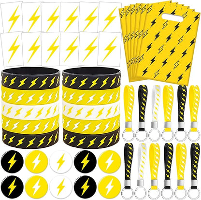 60 PCS Lightning Bolt Party Favors Temporary Tattoos, Silicone Bracelets, Badges, Keychains, Goodie Bags for Flash Lightning Bolt Birthday Decorations, Gifts for Kids