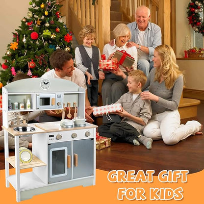 Wooden Kitchen Set for Kids, Realistic Pretend Play Kitchen Utensils Encourage Interaction for Toddlers, Simulated Kitchen Toys Set for Boys Girls Age 3+