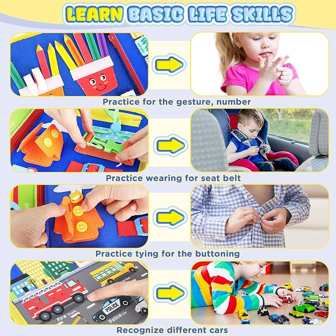 URMYWO Busy Board - Montessori Toys for 1 2 3 4 Year Old, Busy Book Toddler Activities with Fine Motor Skills, Autism Sensory Toys Gifts for Boys Girls, Travel Toys for Road Trip Plane Car