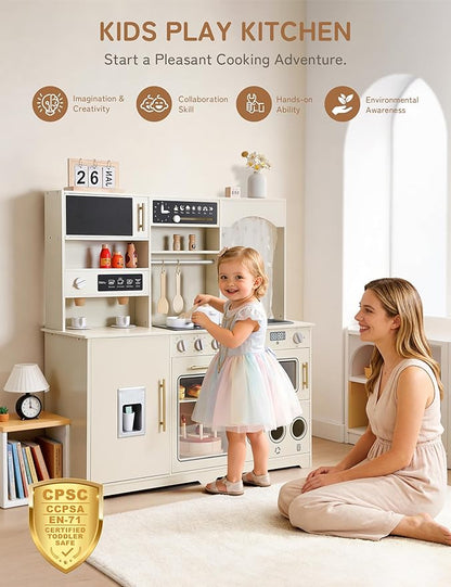 besrey Play Kitchen for Kids, Wooden Kids Play Kitchen Playset with Real Lights & Sounds, Toddler Toy Kitchen with Fun Cookware Accessories, Pretend Play Kitchen Gift for Age 3+