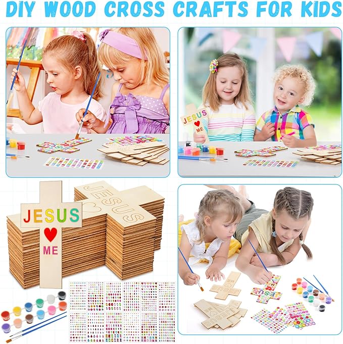 PullCrease Easter DIY Wood Cross Crafts for Kids Religious Craft Kit Sunday School Vacation Bible School Supplies 24 Pack Wooden Cross with Stickers 1 Set Paint(Classic Style)
