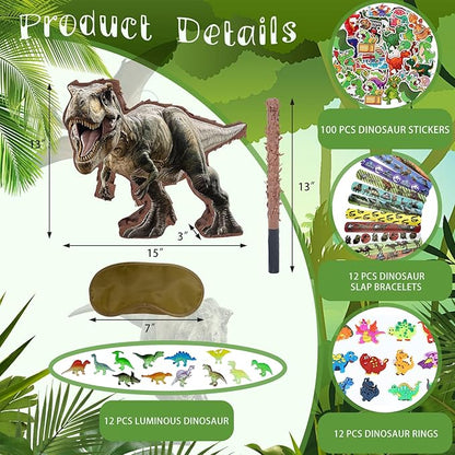 142 Pcs Dinosaur Piñata Party Set - Small Jungle Dinosaur Piñata Set with Blindfold and Bat Include Kids Dinosaur Themed Party Favors for Boys and Girls(Small Size Piñata 14.5”x12.5”x3”)