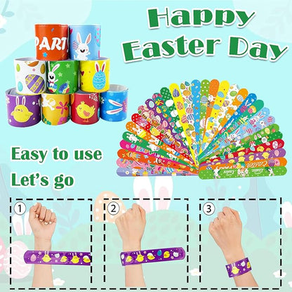 100Pcs Easter Slap Bracelets, Easter Basket Stuffers Party Favors Snap Wristbands for Kids Egg Fillers Gifts Exchange Gifts, Egg Hunt Event, Classroom Prizes, School Supplies