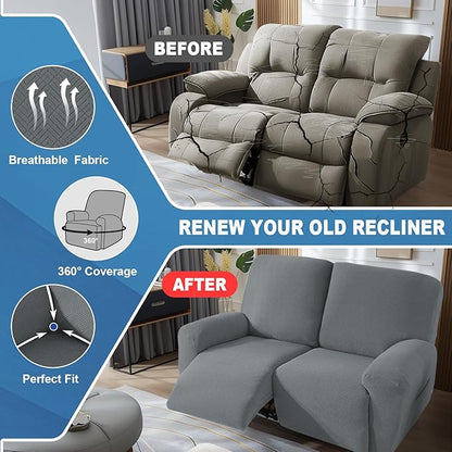 JIVINER 4 Pieces Recliner Loveseat Covers Stretch Recliner Sofa Slipcover with Elastic Bottom Jacquard Fitted Reclining Couch Cover Furniture Protector with Pockets (2 Seater, Light Grey)