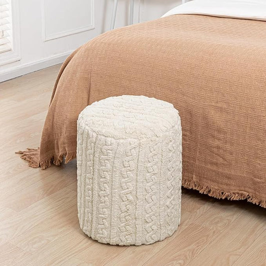 Round Ottoman Foot Rest14.6x14.6x18 Inches Boucle Ottoman Multifunctional Pouf Ottoman Foot Stool Fluffy Fur Ottoman Stool Pouf Footrest Stool for Living Room Bedroom (Ivory)