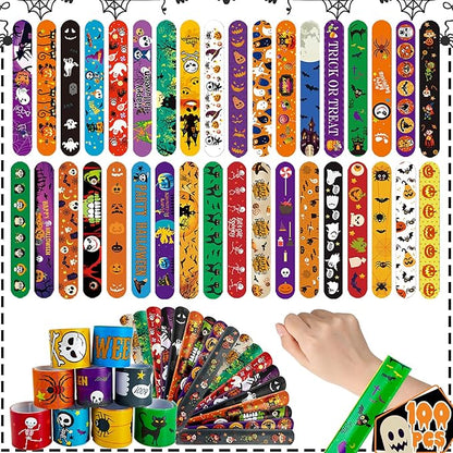 100Pcs Halloween Slap Bracelets, Halloween Party Favors Treat Toys for Kids Girls Boys, Slap Bracelets Bulk for Halloween Party Supplies, Halloween Treat Goodie Bags Gifts