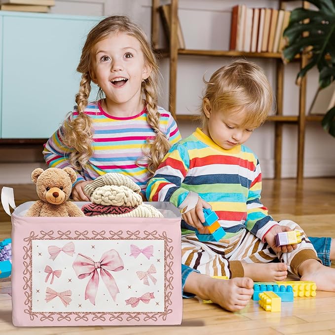 Pink Bow Foldable Storage Box, Waterproof Toy and Clothes Storage Box for Nursery Room, Pink Cute Bow Decorative Fabric Basket for Boys Girls Bedroom, Storage Basket Gifts for Bow Party Decoration