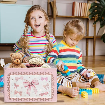 Pink Bow Foldable Storage Box, Waterproof Toy and Clothes Storage Box for Nursery Room, Pink Cute Bow Decorative Fabric Basket for Boys Girls Bedroom, Storage Basket Gifts for Bow Party Decoration