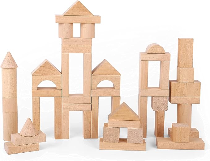 Pidoko Kids Wooden Blocks - 100 Pcs - Building Blocks for Toddlers - Includes Storage Container with Shape Sorter Lid - Natural Beech Wood Blocks - Preschool Learning Toys Stacking Block