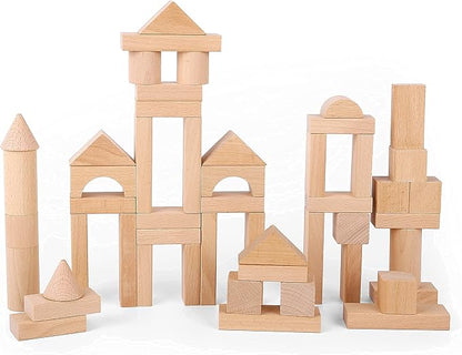 Pidoko Kids Wooden Blocks - 100 Pcs - Building Blocks for Toddlers - Includes Storage Container with Shape Sorter Lid - Natural Beech Wood Blocks - Preschool Learning Toys Stacking Block