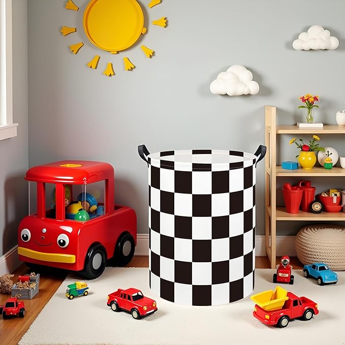 Baby Laundry Basket Kids Hamper Toy Storage Bin for Boys Room Decor Baby Nursery Hamper Gift Baskets for Bedroom Bathroom(Race Flag)
