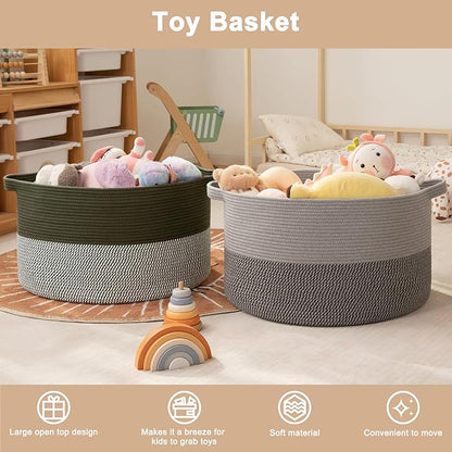 OIAHOMY 90L XXXLarge Blanket Basket for Living Room, 21.7" x 13.8" Woven Cotton Rope Laundry Basket for Organizing Pillows, Decorative Stuffed Animal Toy Storage Bin for Nursery, Green and Grey