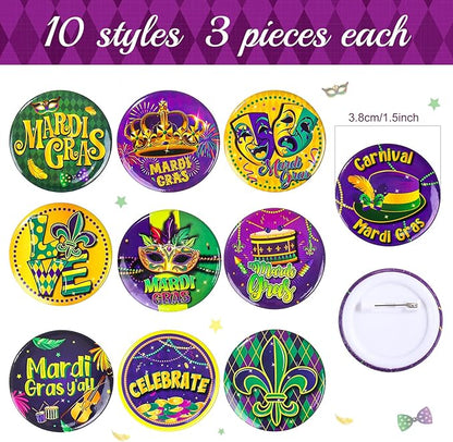 60 Pcs Mardi Gras Party Favors Includes 30 Mardi Gras Rubber Bracelets Silicone Wristbands and 30 Button Pins Badges for Carnival Birthday Party Supplies Decorations Goodie Bag Stuffers Fillers