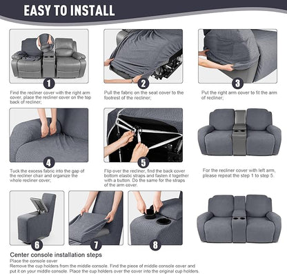 KinCam Loveseat Recliner Covers with Middle Console Slipcover, Recliner Sofa Covers 2 Seat Couch Cover Stripe Jacquard Furniture Protector Covers with Elastic Bottom for Kids, Pets (Gray)