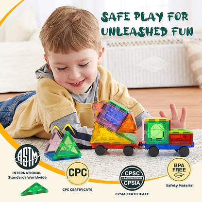 EchoPlan 130 PCS Magnetic Tiles,Magnetic Building Blocks with 2 Cars,Magnet Tiles 3D Clear Construction STEM Preschool Sensory Educational Toys Set for Kids Toddlers Boys 3 4 5 6 7 8 9+ Year Old