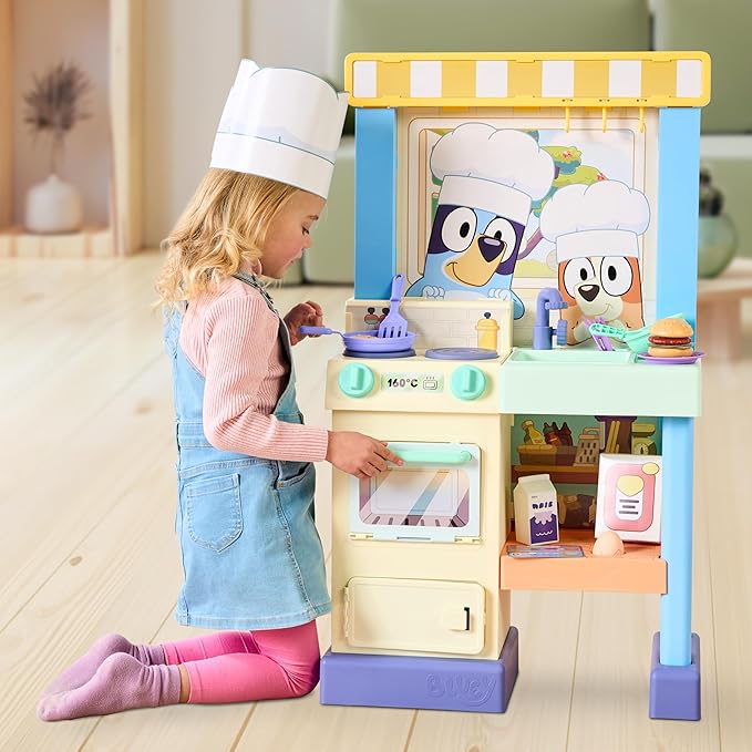 Bluey - Cook with Chef Kitchen Playset, with Over 20 Sounds, Phrases, Music and Lights, Plus 20 Play Pieces Included, Over 3 feet/ 90cm Tall, Includes A Chef Hat and Duck Cake