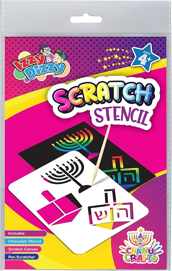 Izzy 'n' Dizzy Hanukkah Scratch Stencil Art Kit - 8" x 6" - Includes Sctatch Stick - Chanukah Arts and Crafts - Gifts and Games