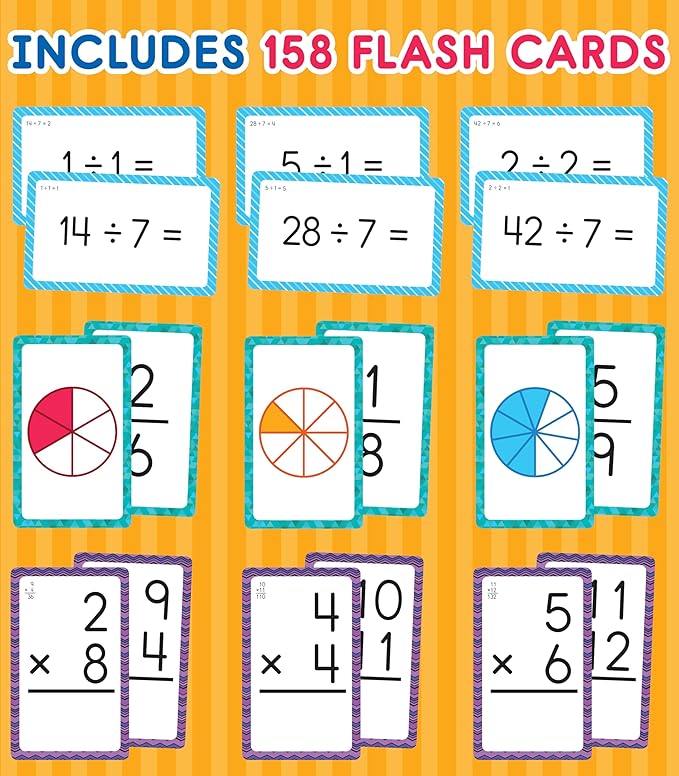 Carson Dellosa 3-Pack Math Flash Cards, Multiplication Flash Cards, Division Flash Cards, Fraction Flash Cards, 3rd Grade, 4th Grade and 5th Grade Flash Cards for Studying, Math Games for Kids Ages 8+
