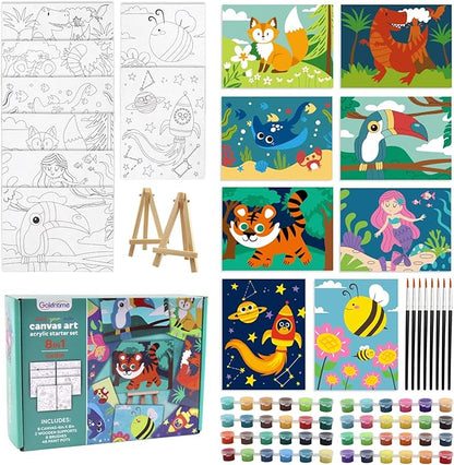 8 Packs Predrawn Canvas for Painting Kids Painting Canvas for Kids Painting Kits for Kids 4-8, 48 Paints, 8 Brushes 2 Easels, 8 6x8 Printed Canvas to Paint for Girls Boys and Beginners