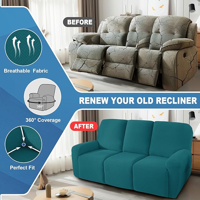 JIVINER 5 Pieces Recliner Sofa Covers Stretch Recliner Sofa Slipcover with Elastic Bottom Jacquard Fitted Reclining 3 Cushion Couch Cover Furniture Protector with Pockets (3 Seater, Teal)