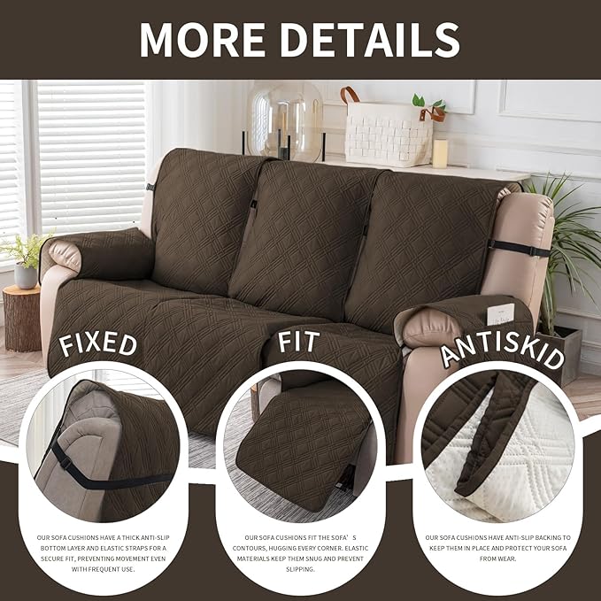 Easehomey Waterproof Recliner Sofa Cover,Non-Slip Reclining Sofa Covers for 3 Seat,Washable Reclining Sofa Cover Furniture Protector with Elastic Straps Pocket for Kids, Pets(Coffee,3Seat)