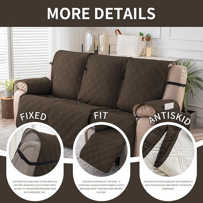 Easehomey Waterproof Recliner Sofa Cover,Non-Slip Reclining Sofa Covers for 3 Seat,Washable Reclining Sofa Cover Furniture Protector with Elastic Straps Pocket for Kids, Pets(Coffee,3Seat)