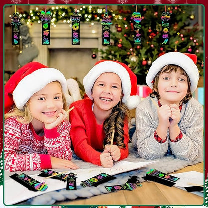 JUNEBRUSHS 30Pcs Christmas Scratch Bookmarks, Rainbow Magic Scratch Paper Art Christmas Tree Santa DIY Crafts Kit for Xmas Hanging Ornaments Christmas Party Favors Gifts