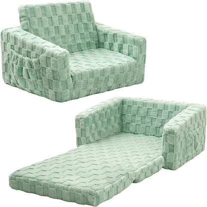 Kids Sofa, Toddler Chair, 2-in-1 Flannel Kids Fold Out Couch, Toddler Convertible Sofa to Lounger, Flip Open Toddler Couch for Kids (Green)